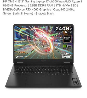 HP OMEN 17.3″ Gaming Laptop 17-db0004na (AMD Ryzen 9 8945HS Processor | 32GB DDR5 RAM | 1TB NVMe SSD | NVIDIA GeForce RTX 4060 Graphics 8GB | 240Hz